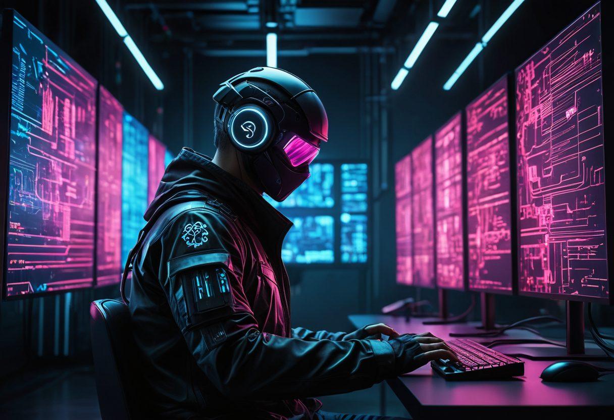A dynamic composition showcasing a futuristic hacker in a sleek setting, surrounded by digital flags representing Capture the Flag challenges, with glowing codes and security symbols illuminating the background. The hacker is strategically analyzing data on multiple screens, displaying cybersecurity tools and winning strategies. The atmosphere should be intense yet inspiring, portraying a blend of competition and expertise. cyberpunk. vibrant colors. 3D.