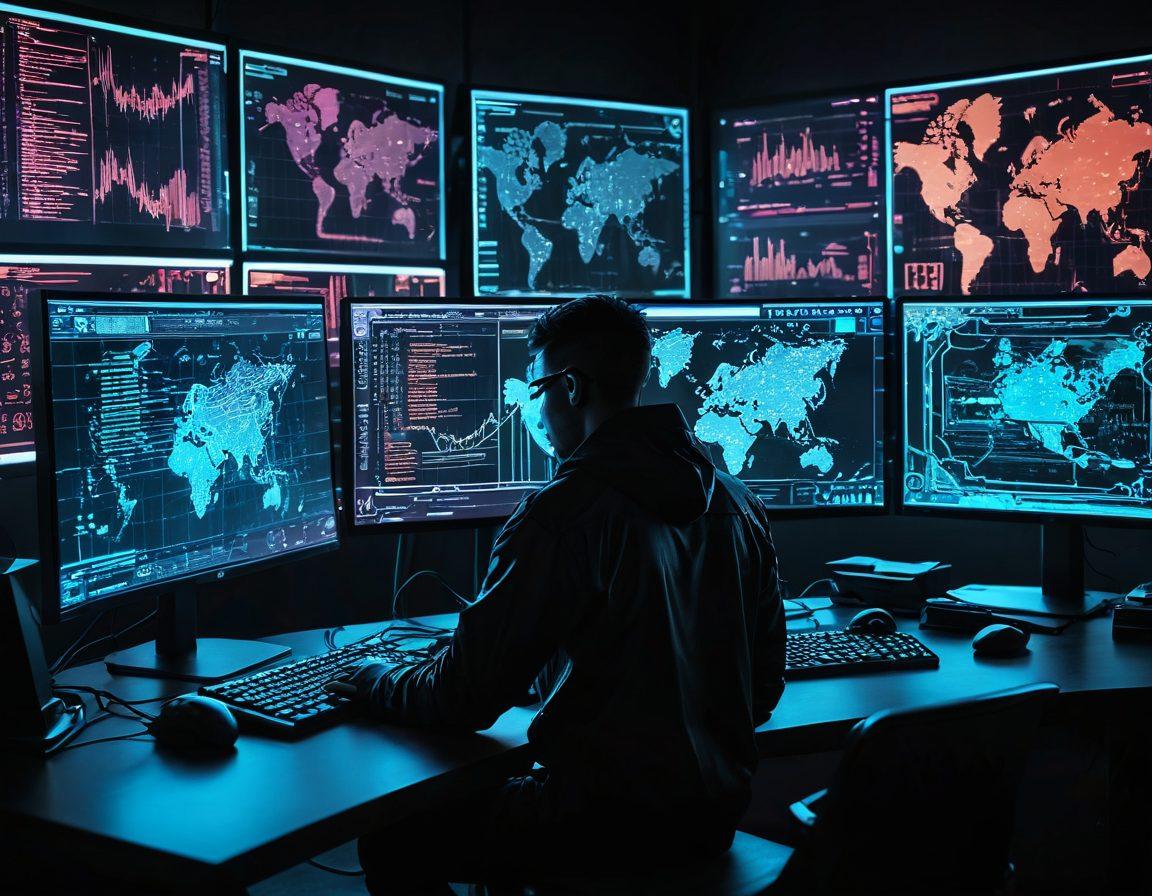 A skilled hacker sitting at a sleek, high-tech workstation, surrounded by glowing screens displaying code, cybersecurity diagrams, and ethical hacking tools. In the background, a digital lock icon symbolizes security, while a virtual cityscape showcases the digital world. The atmosphere is tense yet focused, illustrating the art of modern cyber defense. neon colors. cyberpunk style. dark background.
