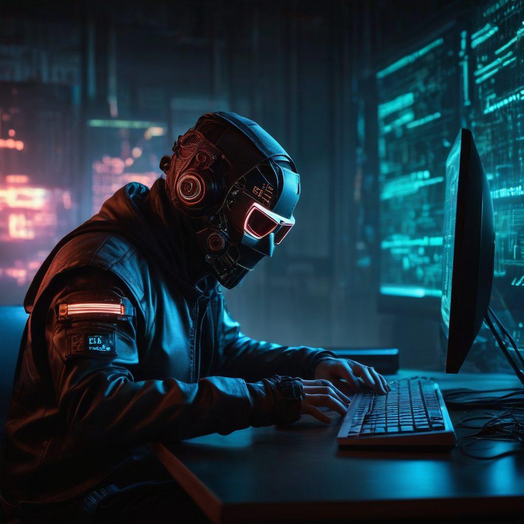 A shadowy figure sits at a dimly lit computer, surrounded by a wall of code and digital anomalies representing cybersecurity threats. In the foreground, a mask lies on the desk symbolizing the unmasking of hidden dangers. Bright neon circuit patterns illuminate the dark scene, contrasting with the ominous atmosphere. Elements of ethical hacking like tools and diagrams subtly blend into the background. cyberpunk. dark theme. vibrant colors.